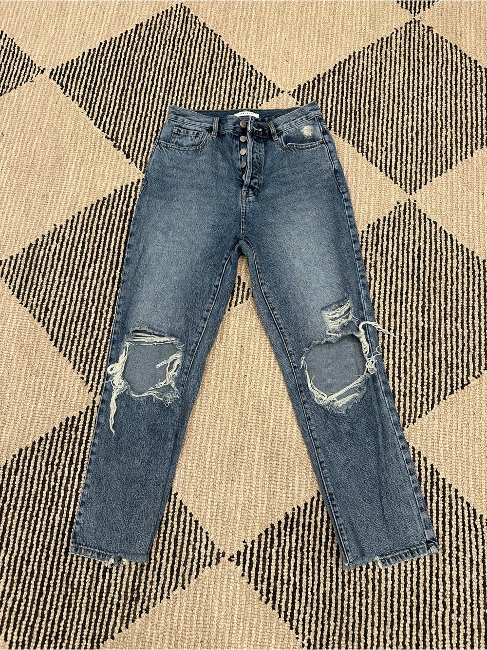 High-Rise Straight Leg Distressed Mom Jeans - Medium Blue